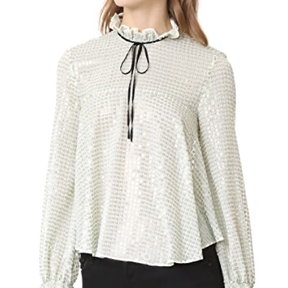 SALONI Tyler Top Tie Neck Striped Sequined Tulle Blouse - Picture 3 of 8